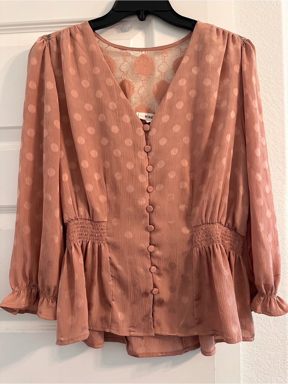 mine Blush Pink Polka Dot Button-Front Smocked Waist Blouse